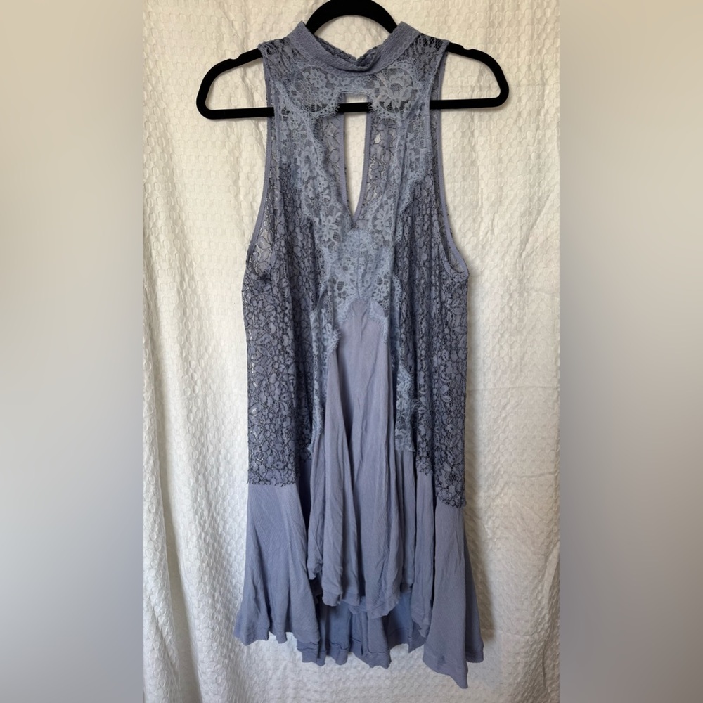 Free People Blue Lace Keyhole Mini Dress Sleeveless Boho Size L
